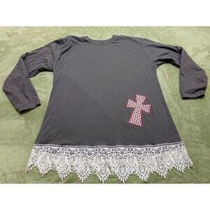 Women's 2XL Heather Gray Tunic With Lace Bottom Logo Cross Long Sleeve